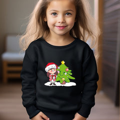 Christmas Girl And Tree Print Sweatshirt Long Sleeve Crew Neck Tops