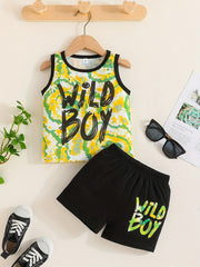 Boy's Tank Top & Shorts Set WILD BOY Tie Dye Print Casual Summer Clothes