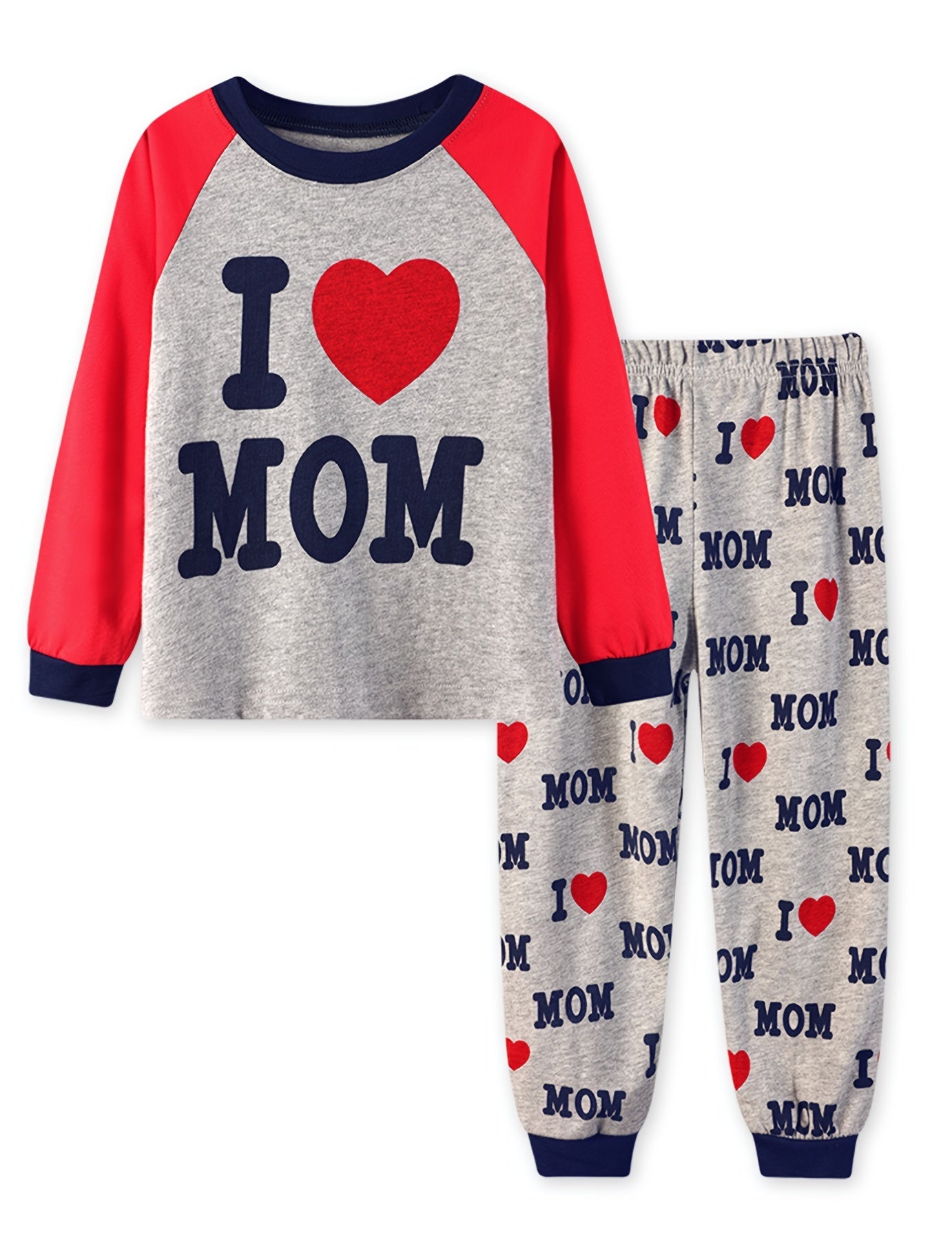2pcs Girls Pajama Set Crew Neck Long Sleeve 'I LOVE MOM' Print Winter