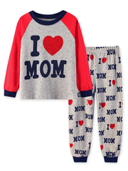 2pcs Girls Pajama Set Crew Neck Long Sleeve 'I LOVE MOM' Print Winter