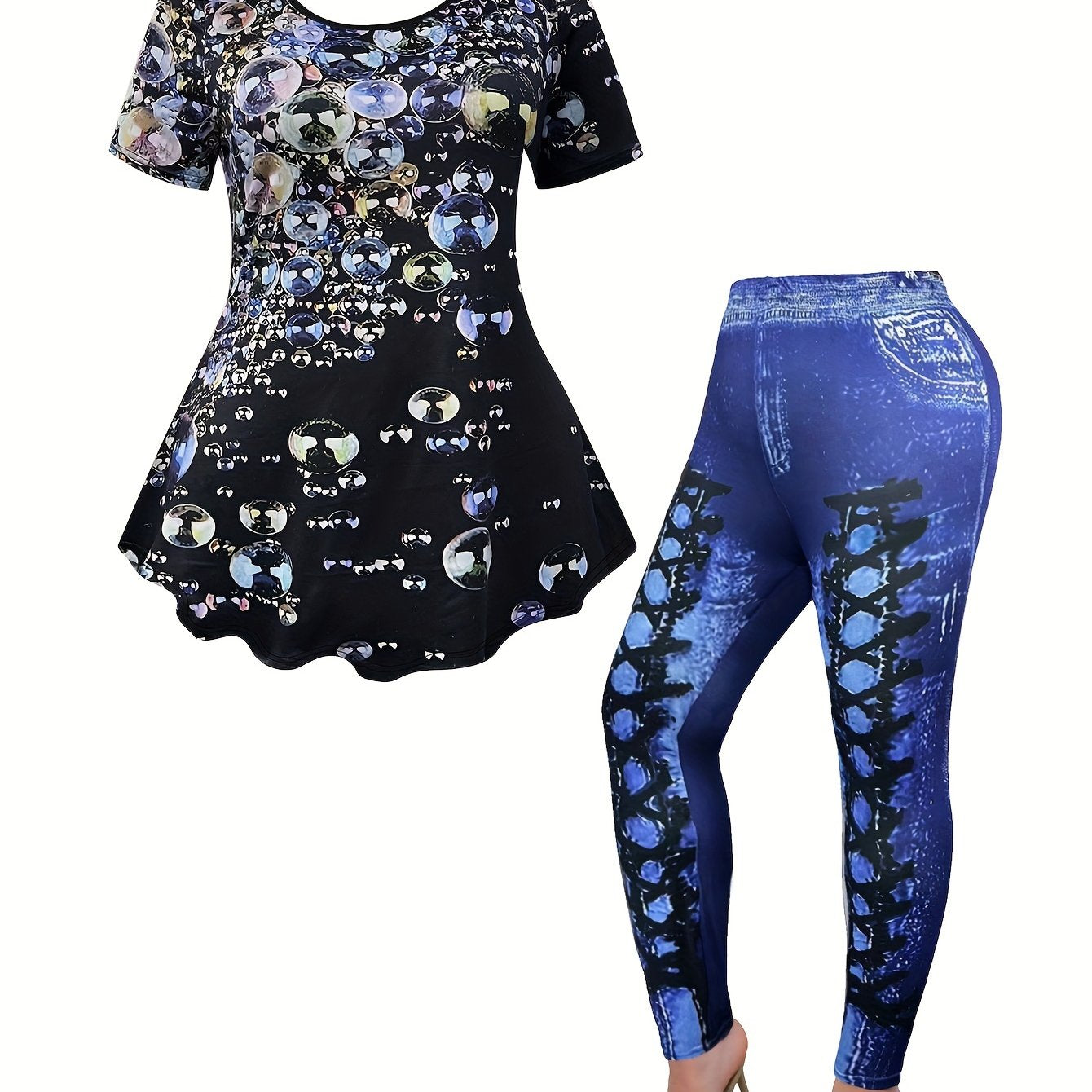 Women's Plus Bubble Print Peplum Top & Denim Print Leggings Set