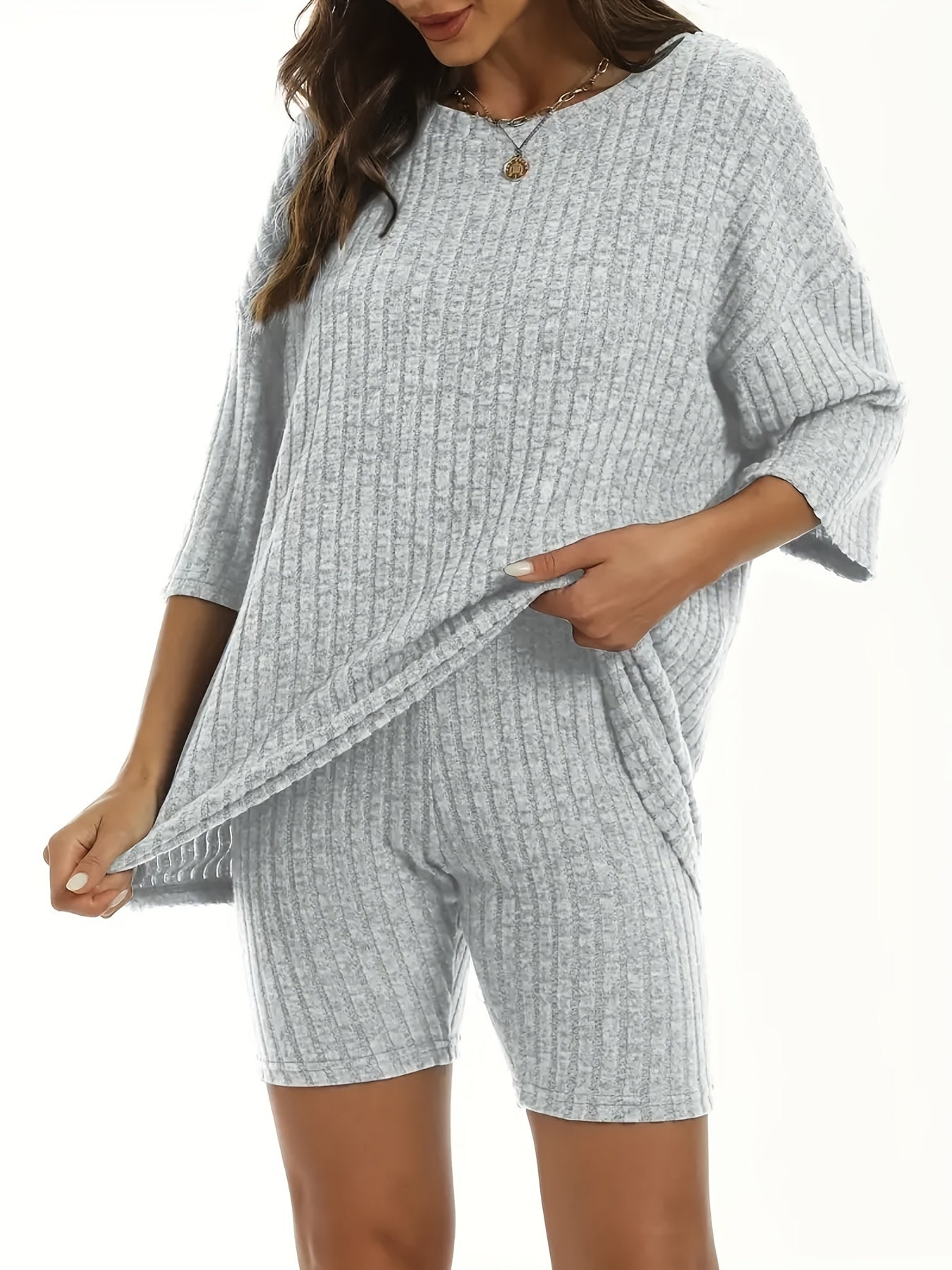 Plus Ribbed Half Sleeve Top & Shorts 2 Piece Set
