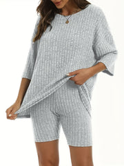 Plus Ribbed Half Sleeve Top & Shorts 2 Piece Set