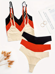 3 Sets Seamless Bra & Panties Solid Stretch Bralette & Thong Panties Set