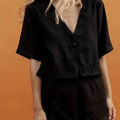V Neck Top & Loose Shorts Set Casual Solid Two Piece Outfit
