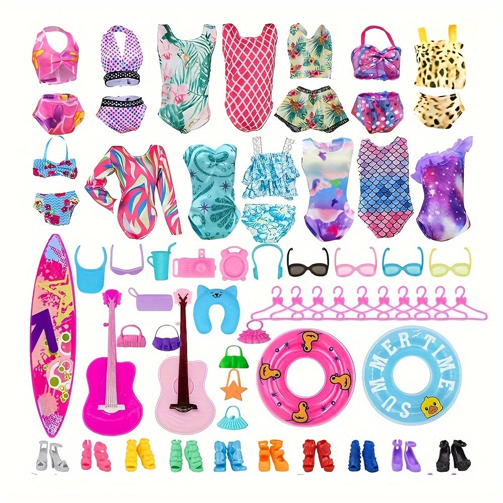40pc Doll Clothing & Accessories Playset with Shoes, Handbags, Surfboard, Guitar