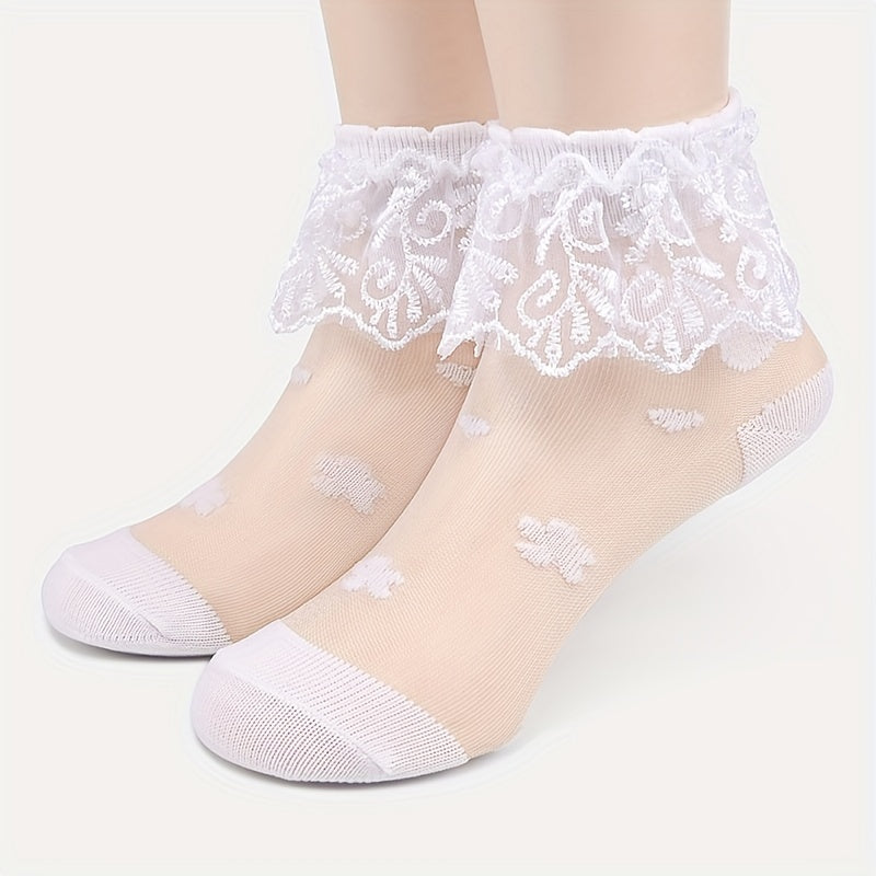 3Pairs Girls Mesh Lace Ruffle Tube Socks - Princess Crystal Breathable Socks