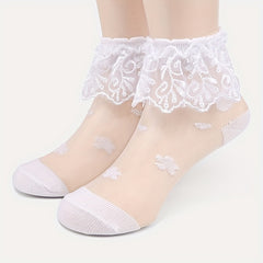 3Pairs Girls Mesh Lace Ruffle Tube Socks - Princess Crystal Breathable Socks