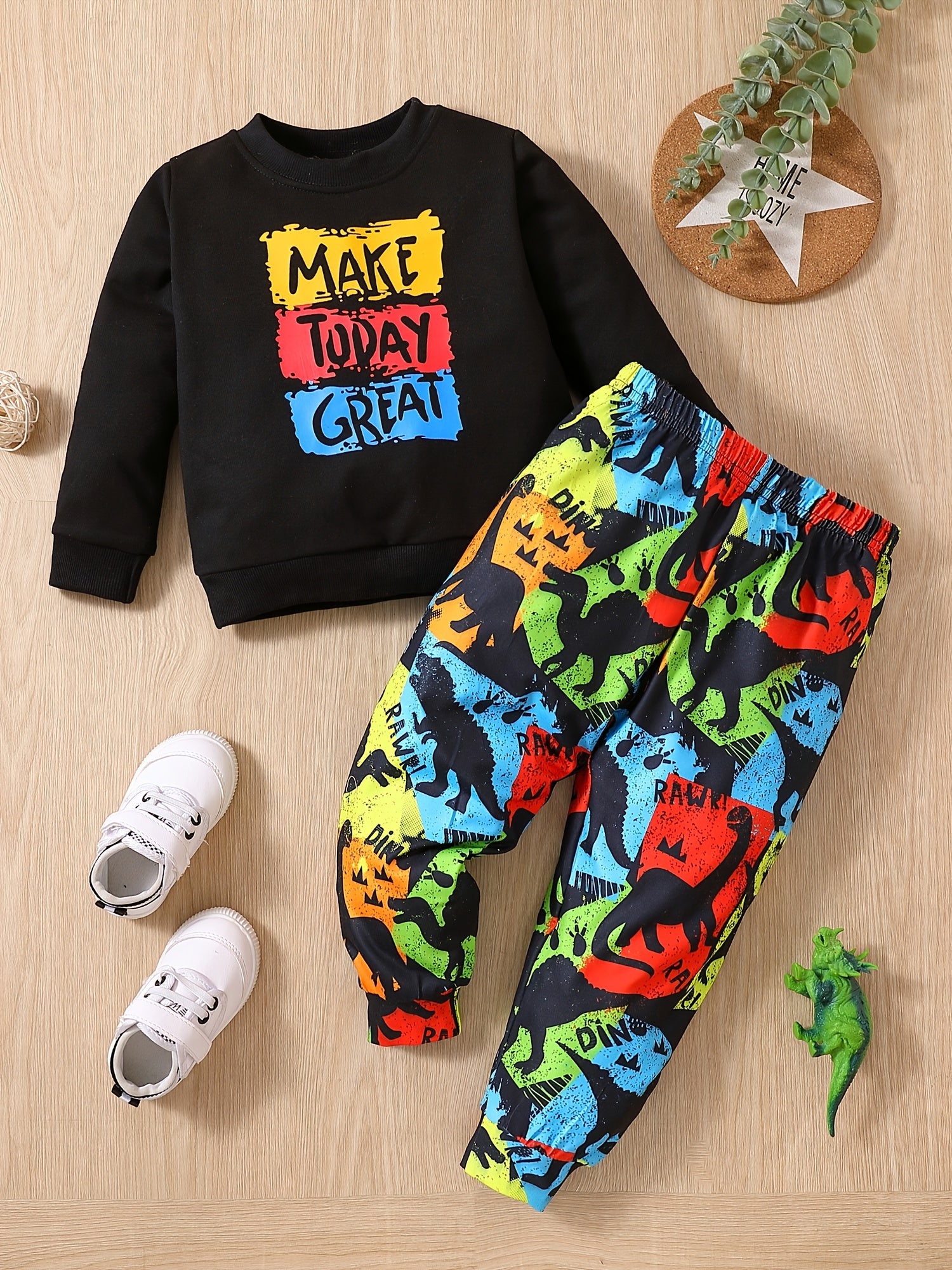 2pcs Baby Boys Pullover Sweatshirt & Dinosaur Print Pants Set Kids Clothes