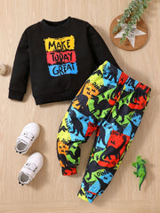 2pcs Baby Boys Pullover Sweatshirt & Dinosaur Print Pants Set Kids Clothes