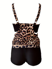 Leopard Print Tankini Set Women's Cut Out Cami Top & Shorts Swimsuit