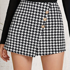 Houndstooth Button Asymmetrical Skort Women's Clothing