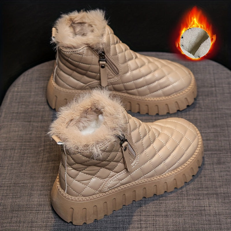 Women's Argyle Quilted Snow Boots Fleece Lining Zipper Platform Warm Ankle Boots