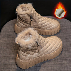 Women's Argyle Quilted Snow Boots Fleece Lining Zipper Platform Warm Ankle Boots