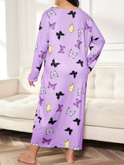 Casual Nightdress Women's Plus Butterfly Print Long Sleeve Tee