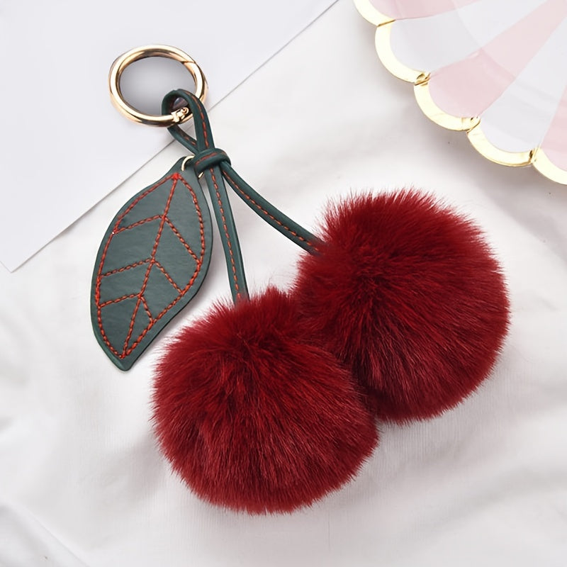Fluffy Cherry Keychain for Car or Handbag