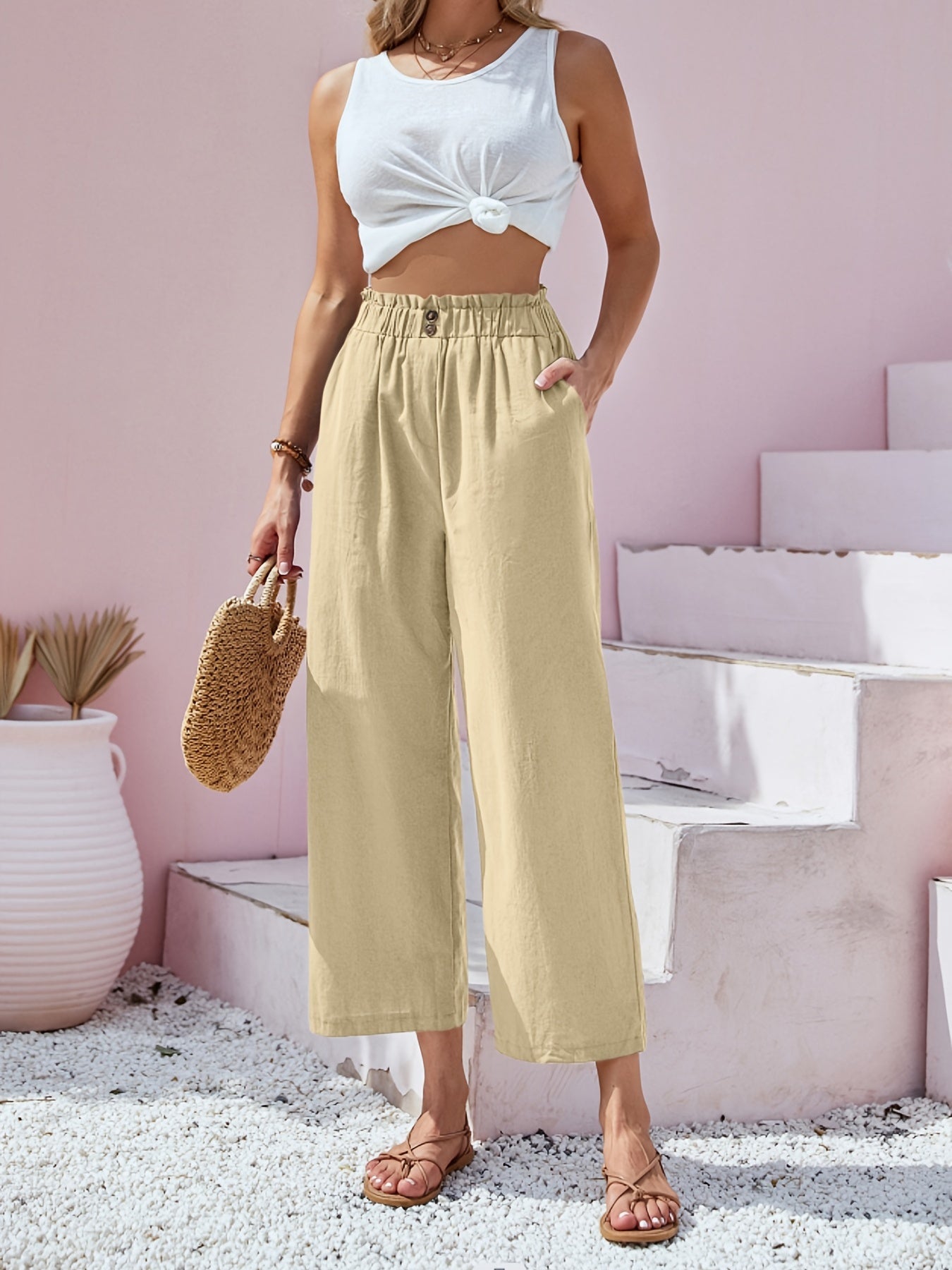 Wide Leg Button Front Casual Pants for Women