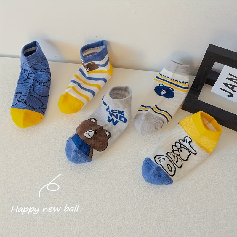 5 Pairs Boys Cartoon Bear Stripe Socks Spring Summer