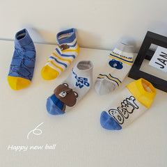 5 Pairs Boys Cartoon Bear Stripe Socks Spring Summer