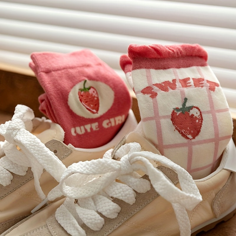 5pairs Girls Kids Strawberry Pattern Thin Lace Breathable Comfy Socks