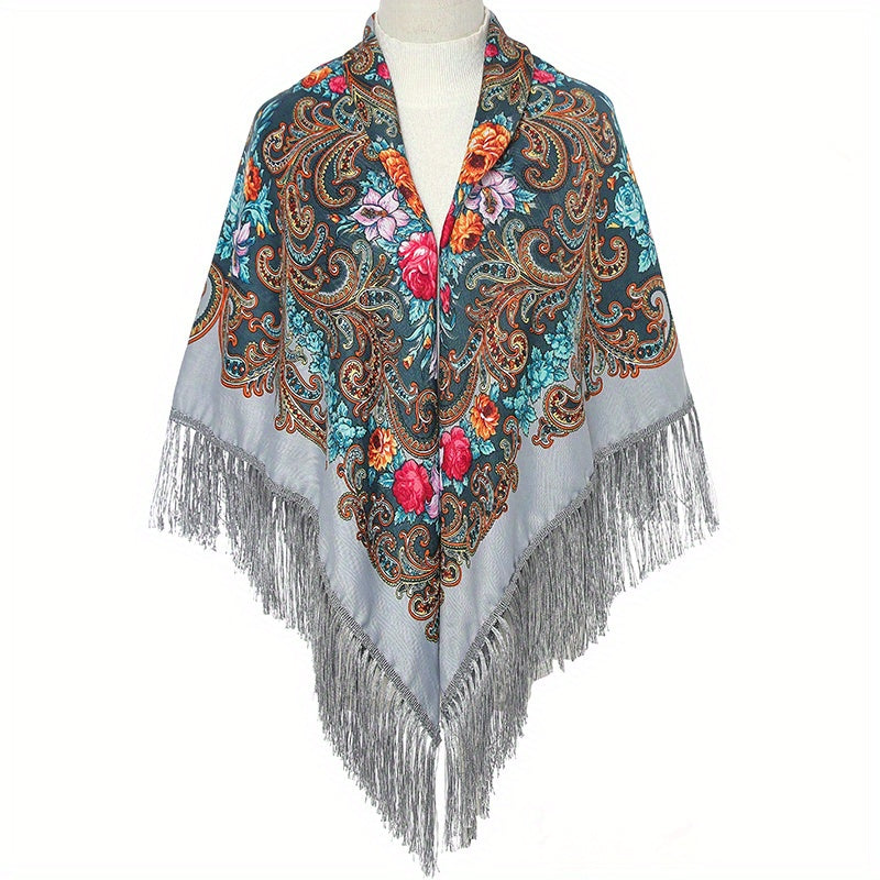 Boho Flower Print Gray Square Scarf with Tassel Shawl