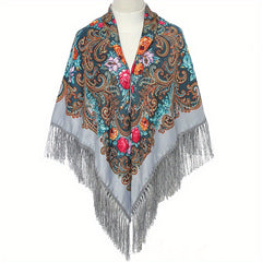 Boho Flower Print Gray Square Scarf with Tassel Shawl