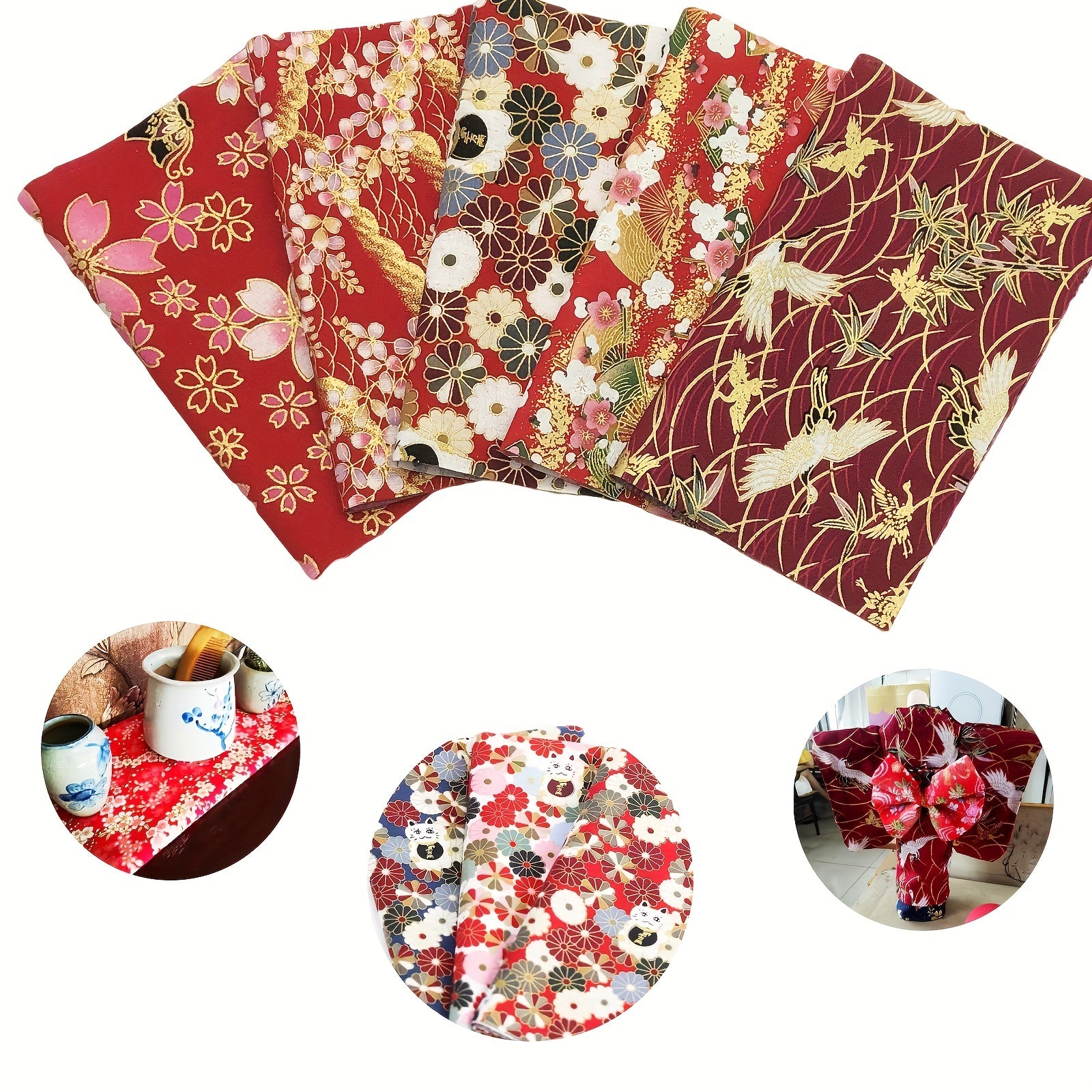 5pcs Red Cotton Fabric Bundles for DIY Sewing Quilting