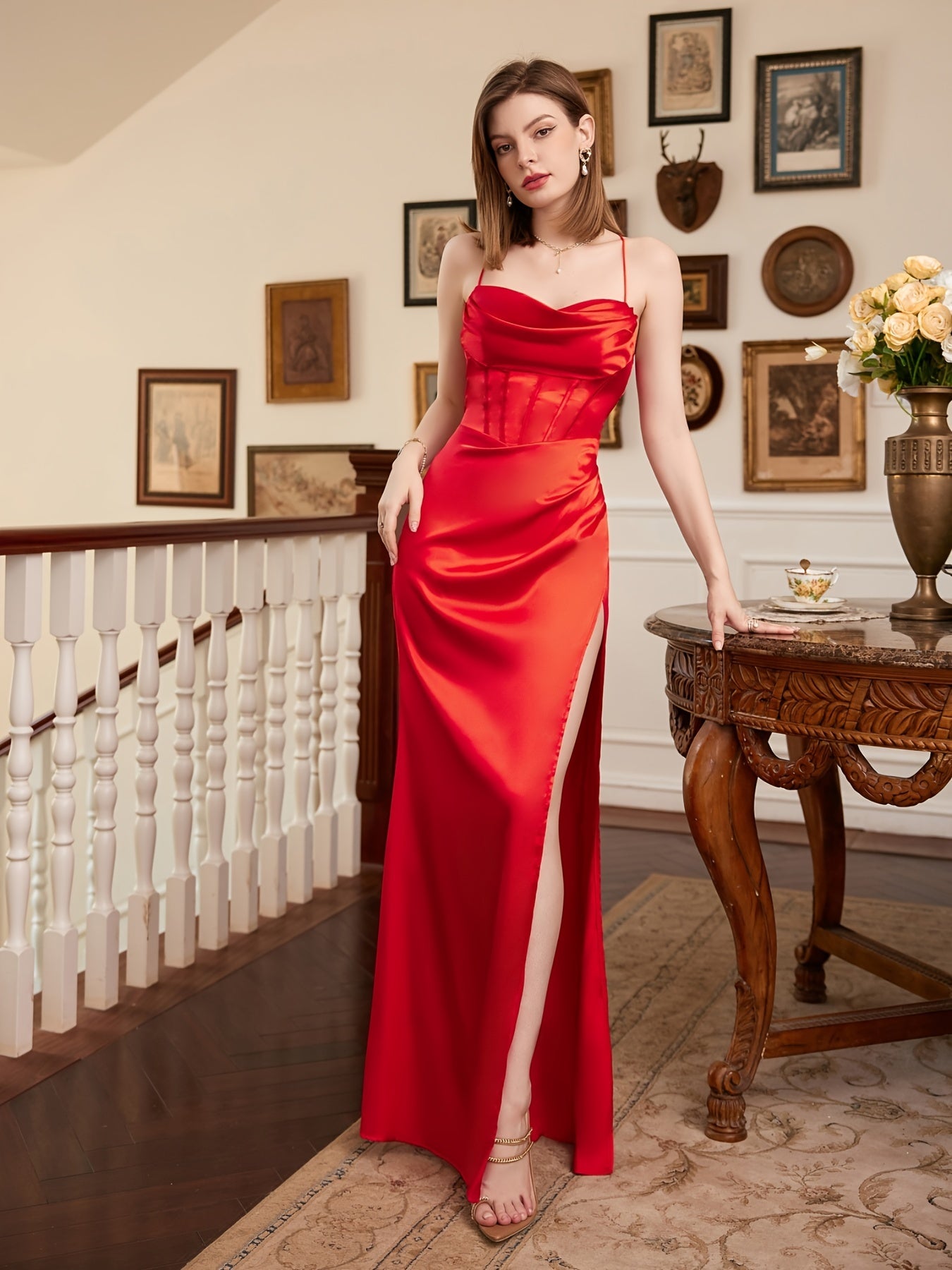 Satin Cowl Neck Corset Cami Dress Formal Cocktail Prom