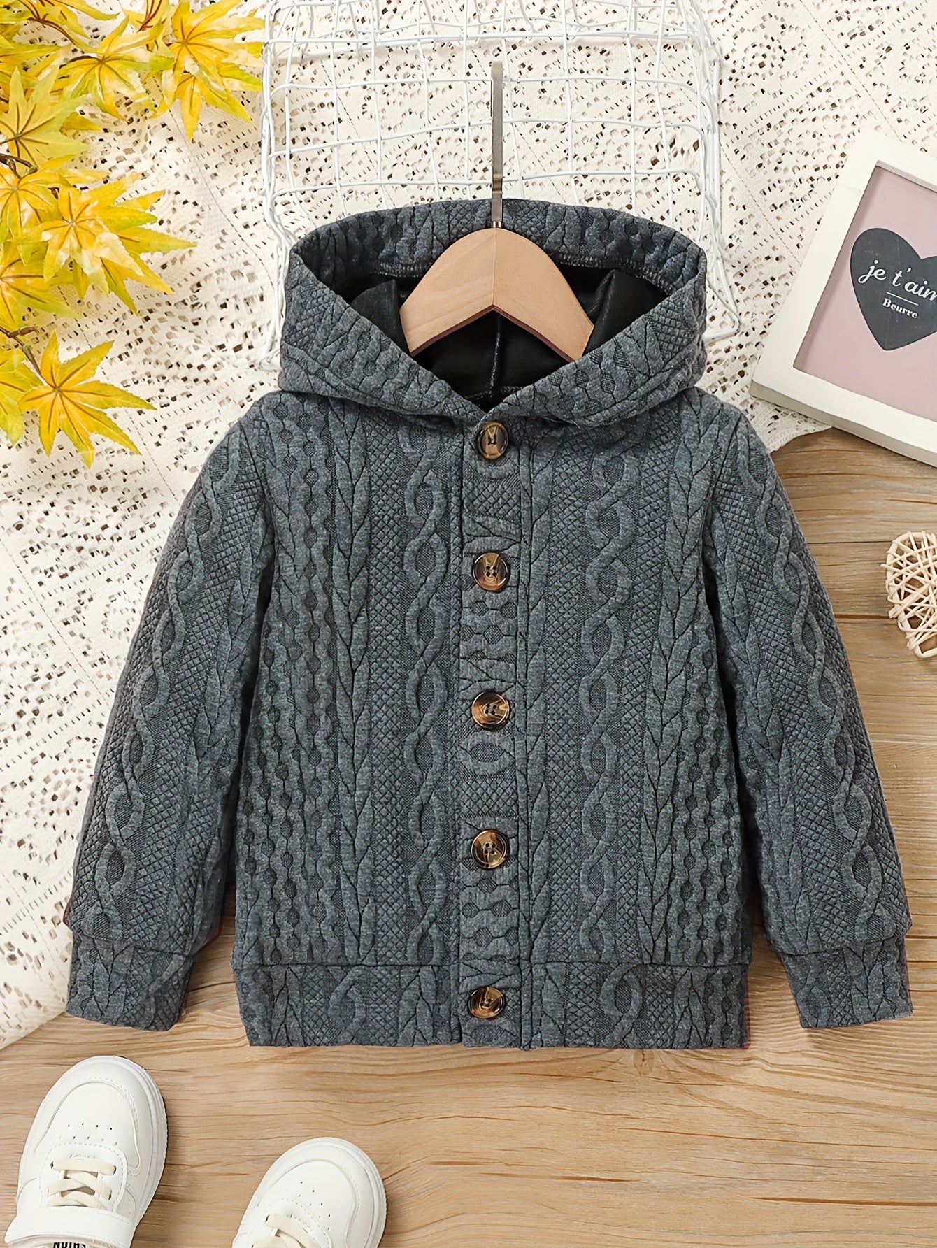Girls Cable Knit Hooded Sweater Cardigan Button Up Hoodie Coat