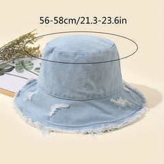 Distressed Ripped Bucket Hat with Frayed Brim for Sunscreen Protection
