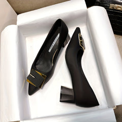 Metal Decor Chunky Heel Pumps Faux Leather Office Shoes