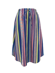 Boho Maxi Skirt Women's Tribal Striped Elastic Waist Pleated