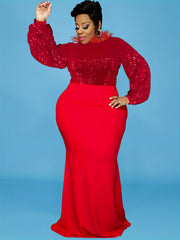 Contrast Sequin Fuzzy Decor Neck Long Sleeve Mermaid Dress