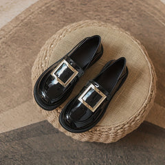 Square Buckle Loafers Faux Leather Chunky Heel Shoes