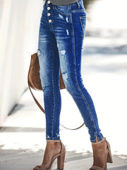 Ripped Holes Skinny Jeans Single Breasted Button Slim Fit Split Denim Pants