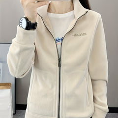 Letter Pattern Outdoor Jacket Long Sleeves Mock Neck Fleece Liner Coat