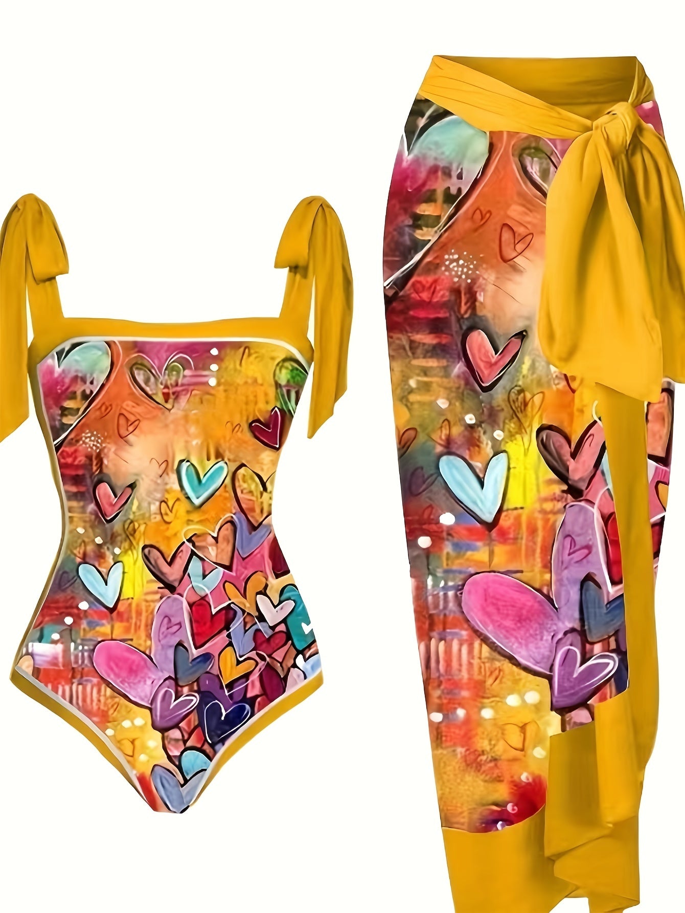 Graffiti Heart Print Tie Shoulder One Piece Bathing Suit with Sarong Cover Up