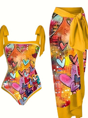 Graffiti Heart Print Tie Shoulder One Piece Bathing Suit with Sarong Cover Up
