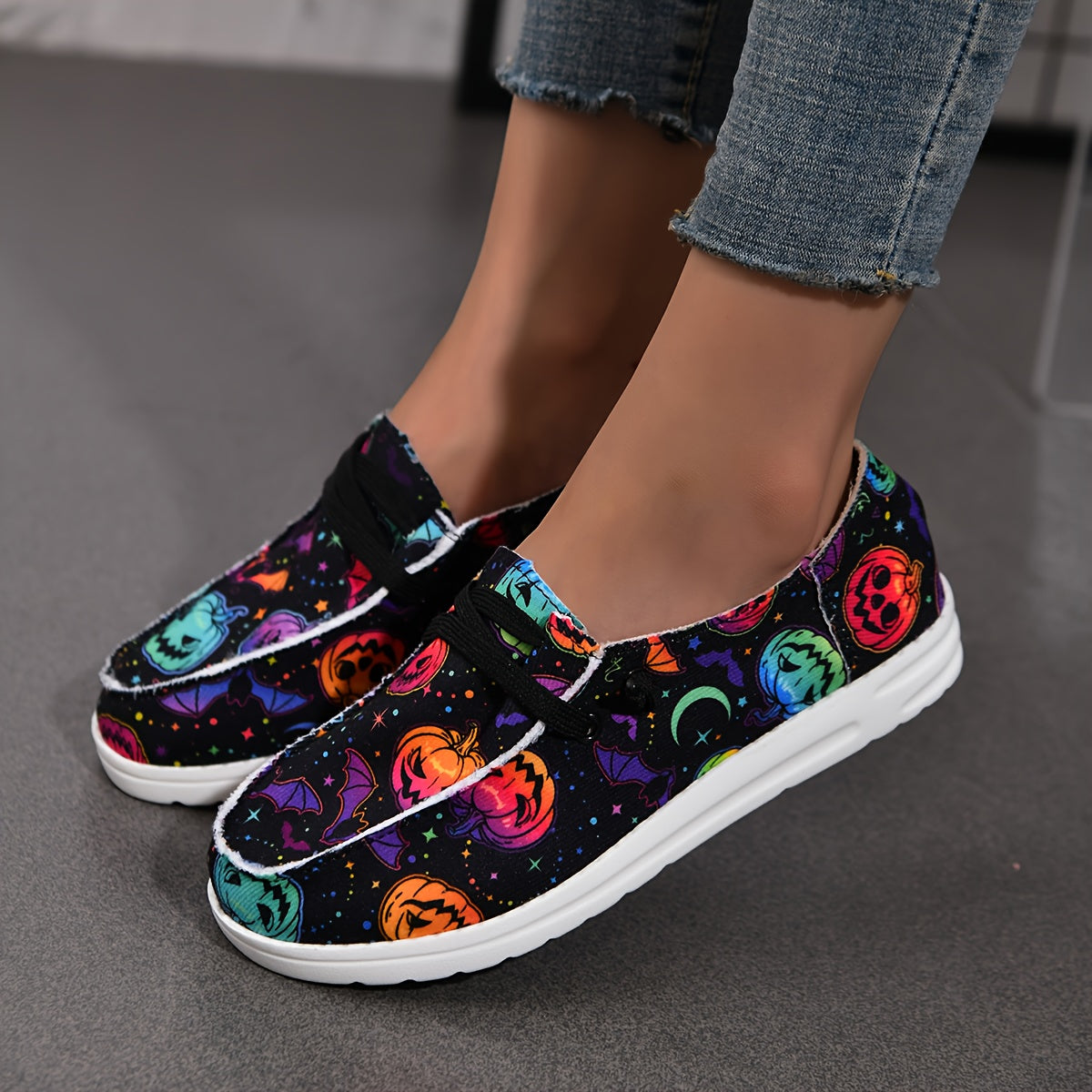 Women's Pumpkin Skull Pattern Flat Loafers Slip On Lightweight Casual