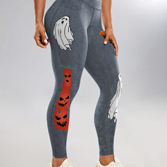 Halloween Pumpkin & Ghost Leggings Tummy Control High Waist Yoga Fitness Tights