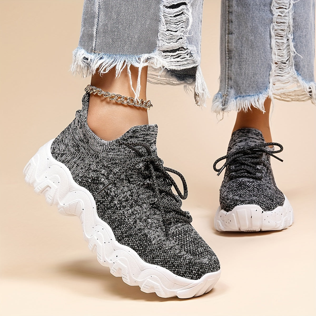 Mesh Platform Lace Up Sneakers Low Top Casual Round Toe Shoes
