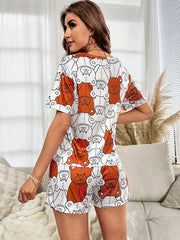 Bear Print Pajama Set Short Sleeve Crew Neck Top & Shorts