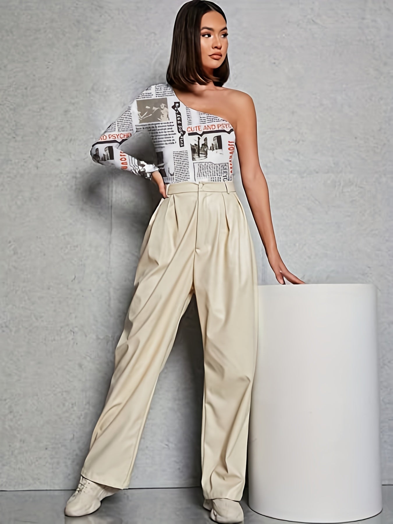 Newspaper Print Bodysuit One Shoulder Slim Long Sleeve Sexy Women's Clothing