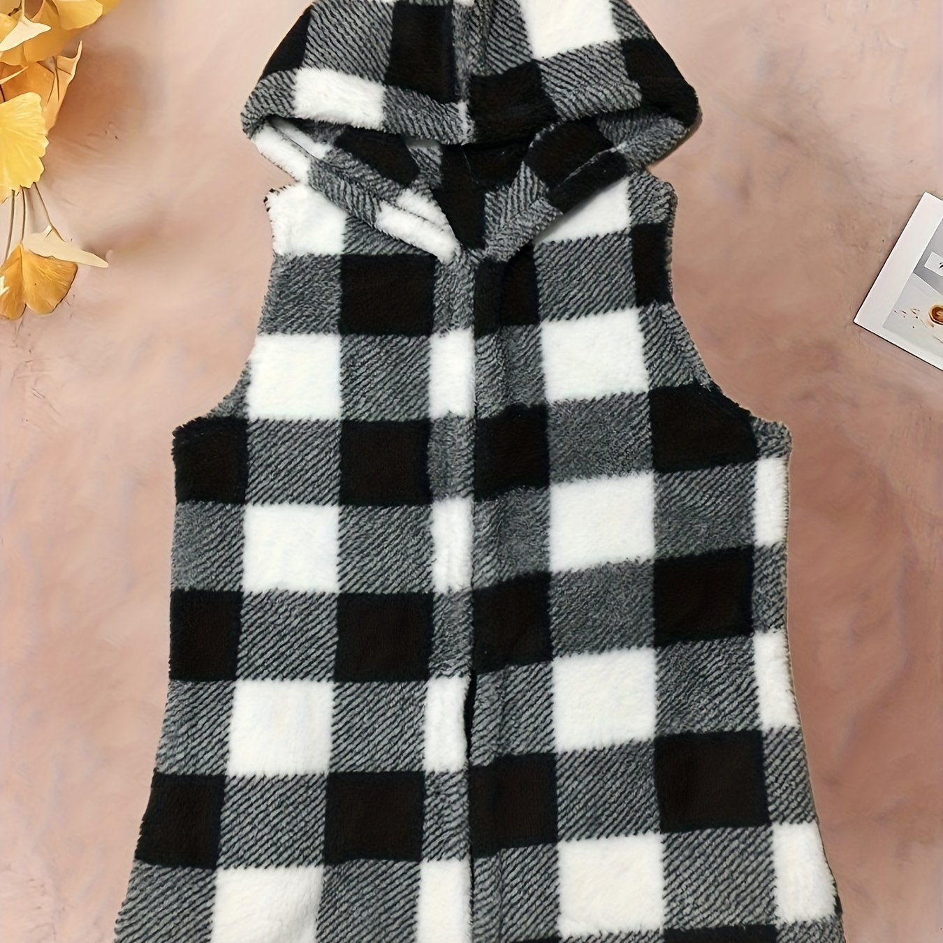 Plaid Print Hooded Vest Warm Teddy Vest