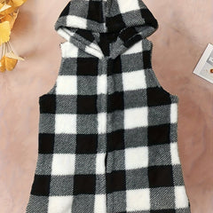 Plaid Print Hooded Vest Warm Teddy Vest