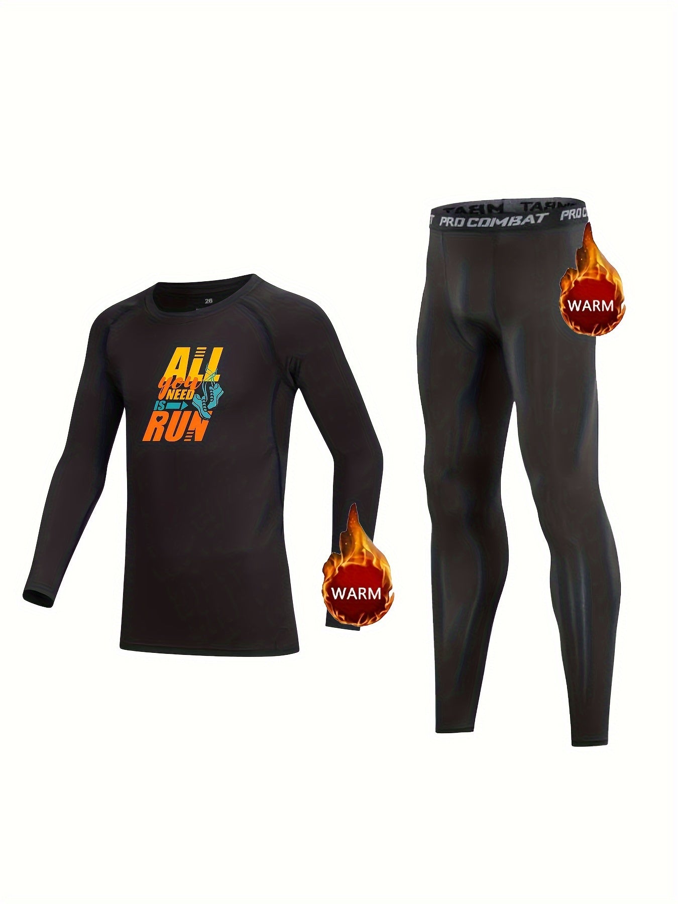 2pcs Kids Compression Fleece Sets Cartoon Letter Long Sleeve Pullover & Pants