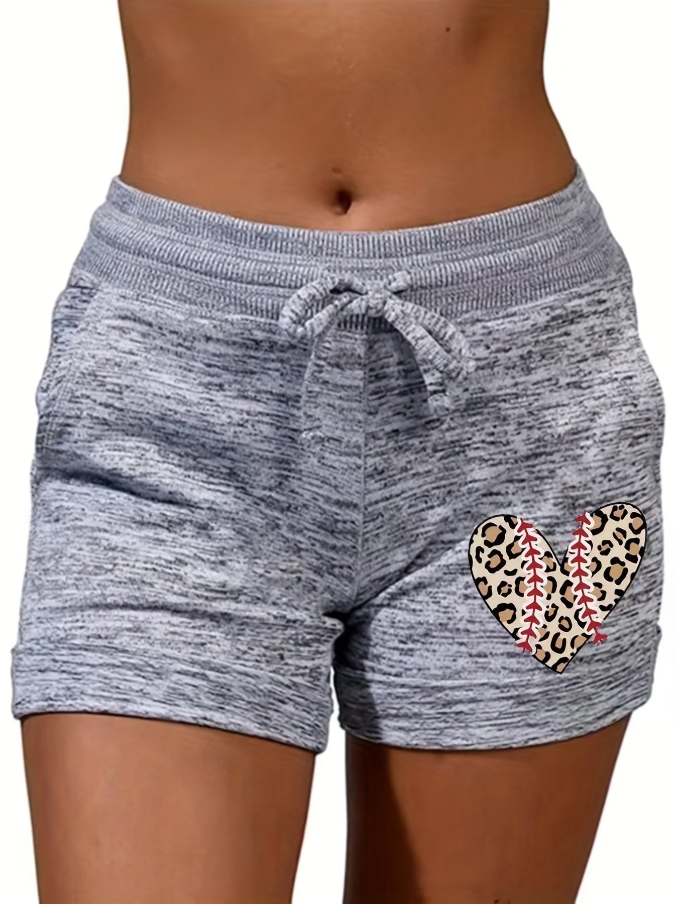 Leopard Heart Drawstring Shorts with Pockets