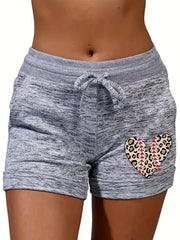 Leopard Heart Drawstring Shorts with Pockets