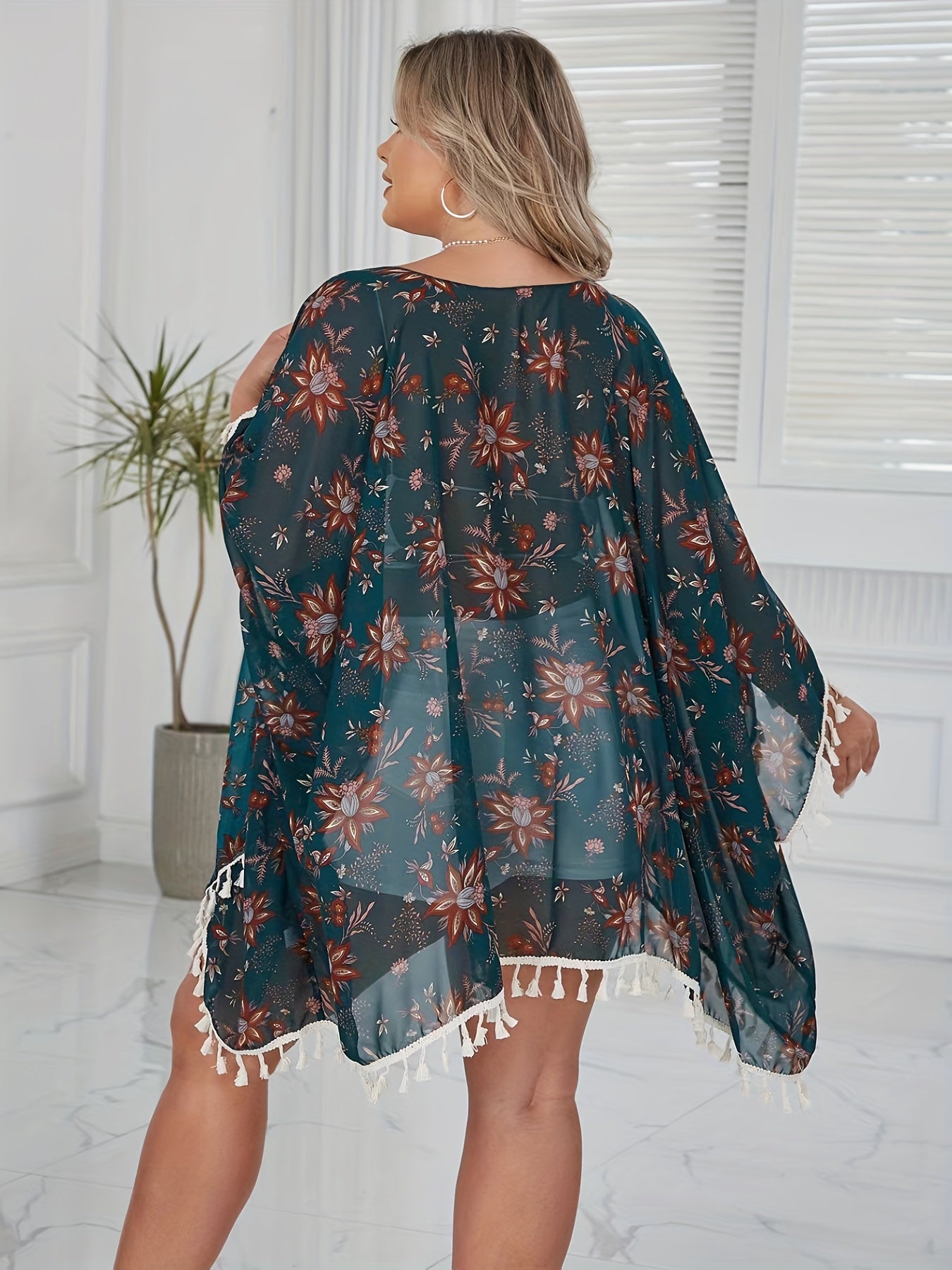Floral Print Tassel Trim Bat Sleeve Beach Cover Up