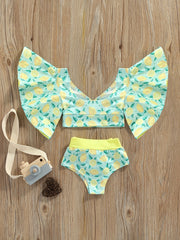 2pcs Baby Girls Striped Lemon Top & Bowknot Shorts Swimsuit Set